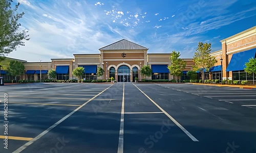 Retail Strip Mall Front Facade with Blue Awnings Open Parking And Green Trees On Sunny Day Under a Clear Blue Sky For