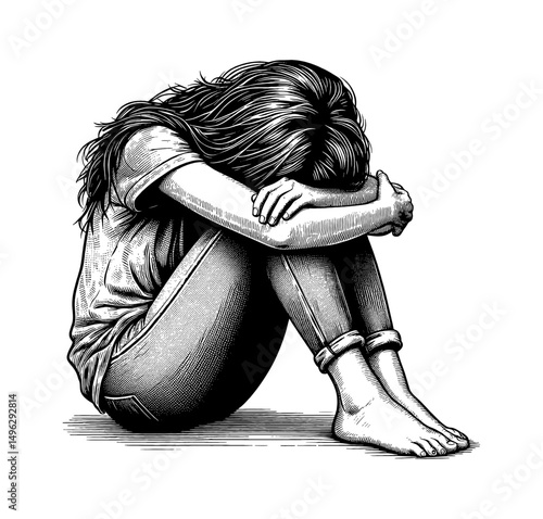 Sad woman sitting hugging her knees in engraved drawing style on white background