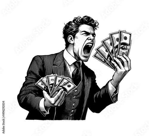 Furious Caucasian Businessman Yelling and Holding Dollar Bills in Detailed Line Art