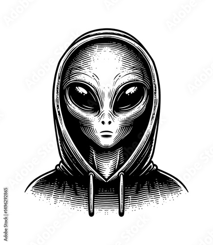 Alien Face Wearing Hoodie with Blank Expression Detailed Line Art Engraving Style Vector Illustration
