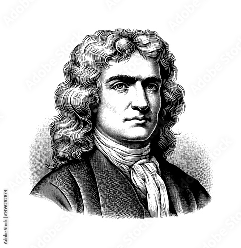 Engraved Portrait of Isaac Newton with Curly Hair and Scarf in Black and White Detail Art