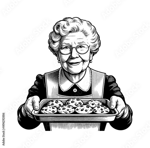 Smiling Elderly Woman Holding Tray of Chocolate Chip Cookies in Detailed Black and White Engraving