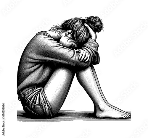 Sad Woman Sitting Hugging Knees with Head Down in Despair Illustration Black and White Engraving
