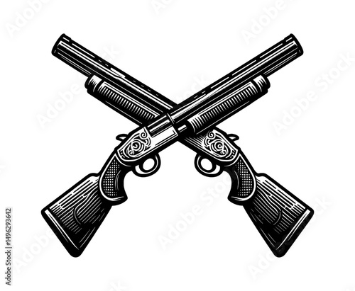 Two crossed vintage shotguns in engraving style in black and white for hunting concept