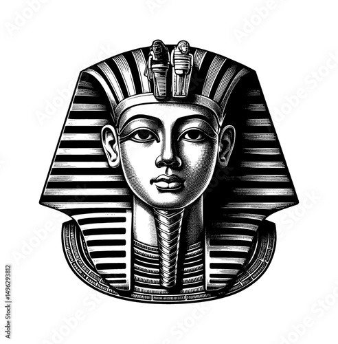 Detailed Engraving of Pharaoh Tutankhamun's Mask with Striped Headdress and Regal Appearance