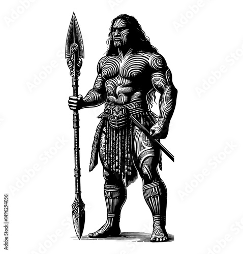 Muscular Polynesian Warrior Holding a Spear with Detailed Tribal Tattoos Illustration