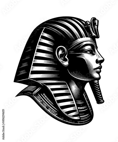 Engraved Illustration of Egyptian Pharaoh Tutankhamun Profile Wearing Nemes Headdress