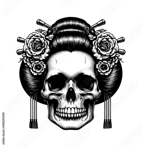 Geisha Skull with Flowers and Hair Ornaments in Detailed Black and White Engraving Art