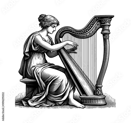 Woman Playing Harp on Bench in Detailed Black and White Engraving Style