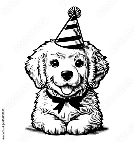 Cute Smiling Dog Wearing Party Hat and Bow Tie in Detailed Black and White Line Art