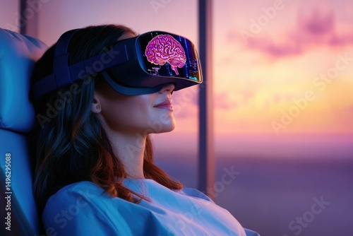 Woman in VR headset experiences a virtual brain scan, visualized with vibrant graphics against a sunset backdrop.