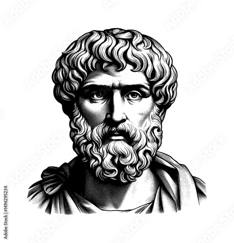 Detailed Engraving of Ancient Greek Philosopher Bust with Beard in Black and White
