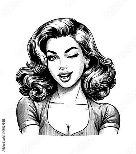 Attractive Woman Winking Eye with Happy Expression, Portrait in Detailed Vintage Black and White Style