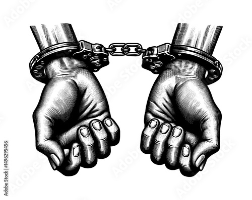 Engraved Illustration of Hands in Handcuffs Symbolizing Imprisonment and Restraint