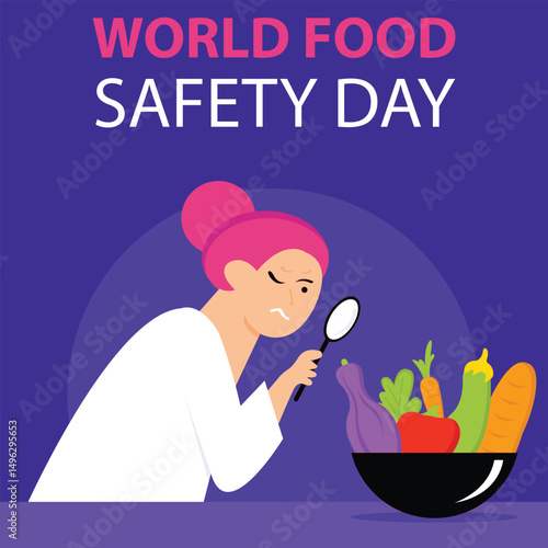 illustration vector graphic of a woman is observing food ingredients using a magnifying glass, perfect for international day, world food safety day, celebrate, greeting card, etc.