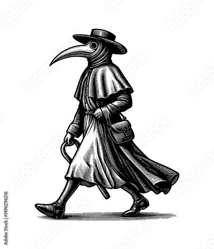 Plague Doctor Walking with Cane in Detailed Black and White Line Art Illustration