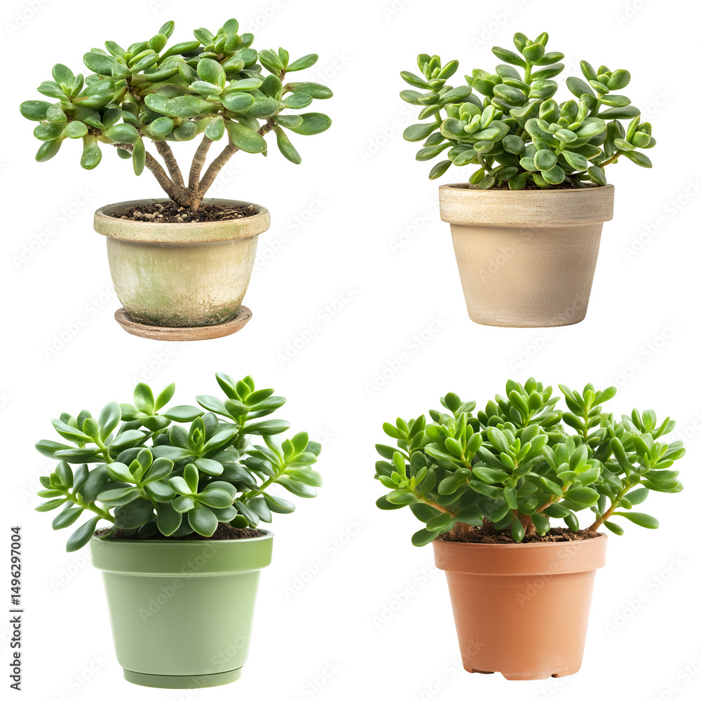 Fototapeta premium Four succulent plants in pots isolated on black background