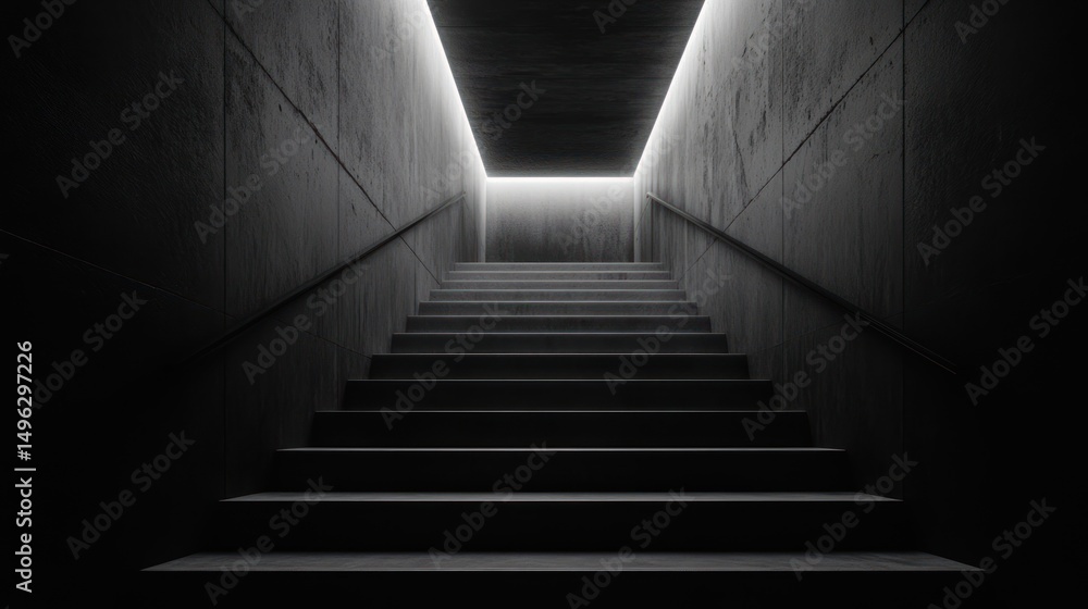 Fototapeta premium Ascending stairs with bright illumination, architectural monochrome staircase design