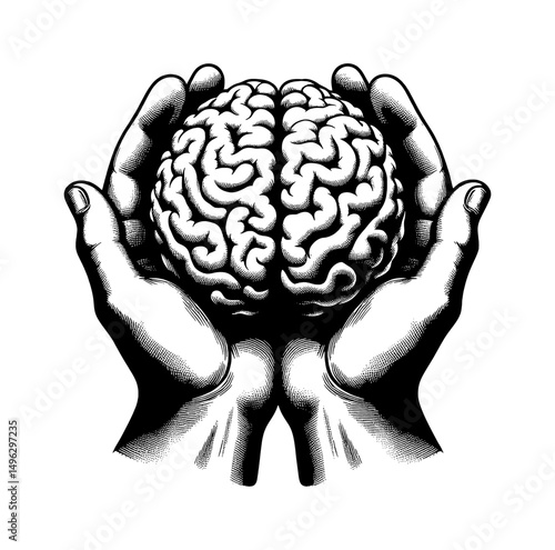 Human Brain Being Held in Hands Detailed Black and White Engraving Illustration
