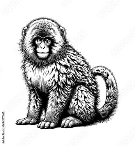 Japanese Macaque Sitting Down with Detailed Fur in Black and White Line Art Engraving