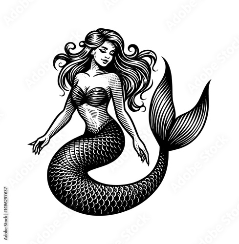 Elegant Engraved Mermaid with Flowing Hair, Scales, and Curvy Tail Isolated on White Background