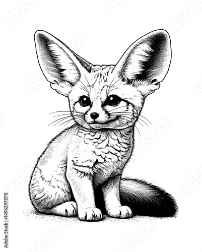 Cute Fennec Fox Sitting and Looking Forward in Detailed Black and White Line Art