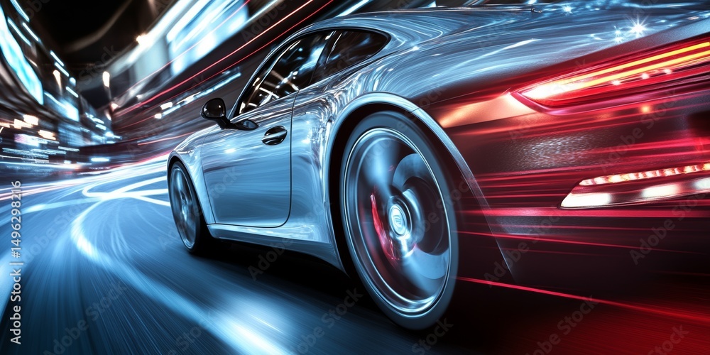 Fast-moving silver sports car captures the excitement of nighttime city driving with vibrant light trails Fast-moving silver sports car captures the excitement of nighttime city driving with vibrant light trails