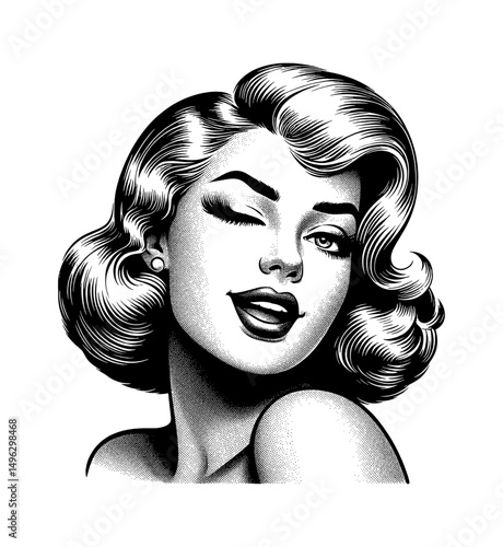 Attractive Woman Winking One Eye With Retro Hairstyle in Black and White Engraving Art