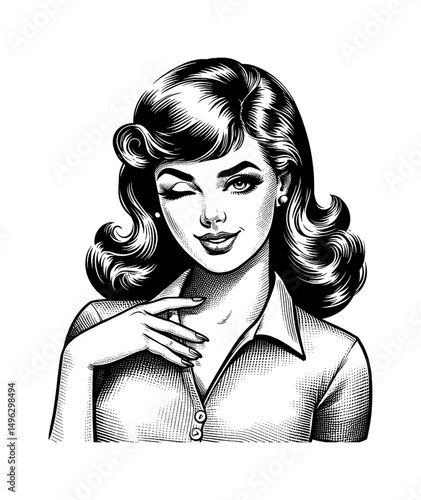 Portrait of a smiling caucasian woman winking in a vintage style drawing art