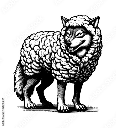 Wolf in Sheep's Clothing, Illustration of Deceptive Animal in Detailed Black and White Engraving Style