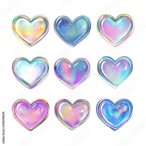 Nine Iridescent Holographic Galaxy Hearts, Love, Pastel Colors