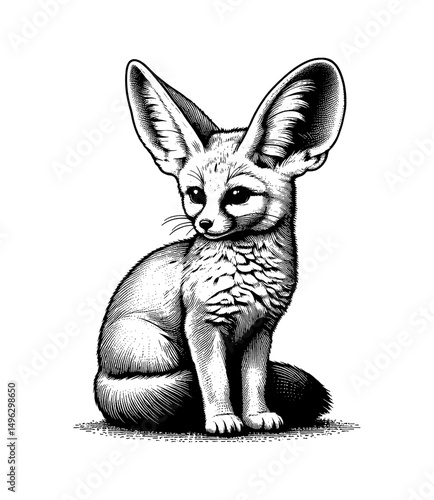 Cute Fennec Fox Sitting and Looking in Detailed Black and White Illustration Art Drawing