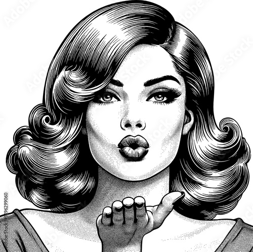 Beautiful Woman Blowing Kiss with Classic Hairstyle in Detailed Black and White Drawing