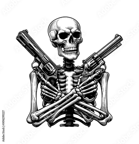 Skeleton Holding Two Guns Crossed Over Chest in Engraved Black and White Detailed Illustration