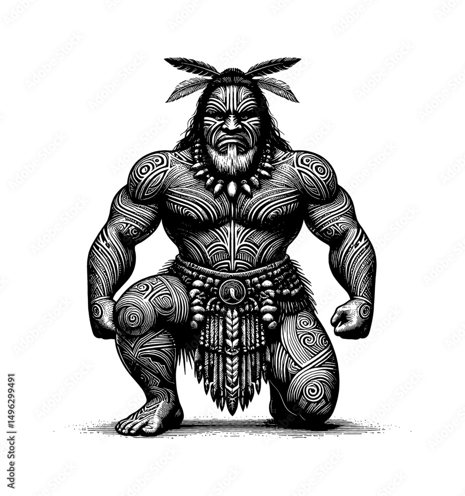 Obraz premium Fierce Maori Warrior in Squat Pose with Intricate Tattoo Design Black and White Detailed Illustration