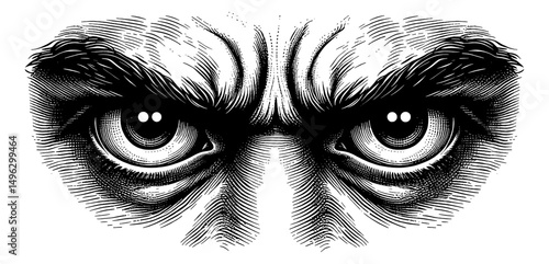 Close Up Engraved Illustration of Piercing Eyes with Intense Gaze and Furrowed Brow