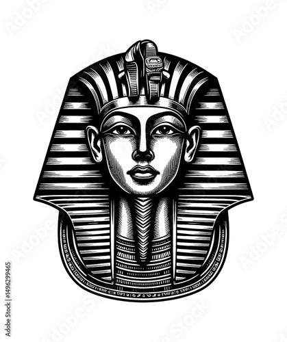 Engraved Illustration of Egyptian Pharaoh Tutankhamun Face with Striped Headdress and Collar