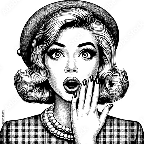 Surprised Woman with Hand on Cheek in Detailed Black and White Engraving Art Style Pop Art