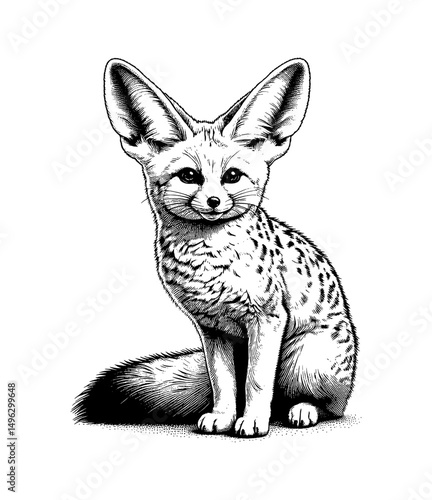 Detailed Black and White Engraving of a Sitting Fennec Fox with Large Ears and Smiling Expression