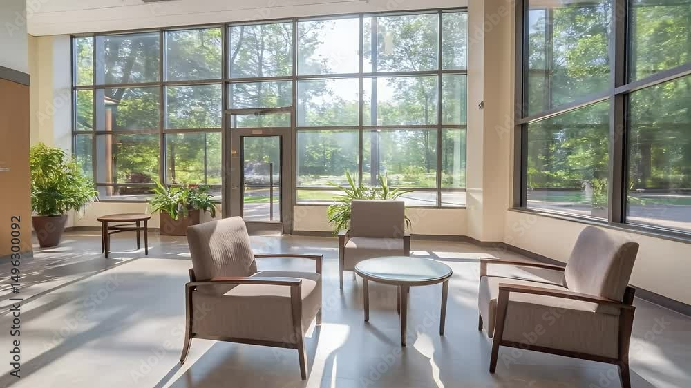 Sunlit Waiting Area with Armchairs and Glass Table Surrounded by Potted Plants and Large Windows with Outdoor Views Sunlit Waiting Area with Armchairs and Glass Table Surrounded by Potted Plants and Large Windows with Outdoor Views