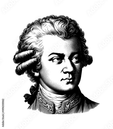 Engraved portrait of a distinguished Caucasian man with wig in a black and white vector illustration