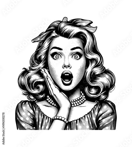 Surprised Woman with Open Mouth and Hand on Cheek in Engraving Style