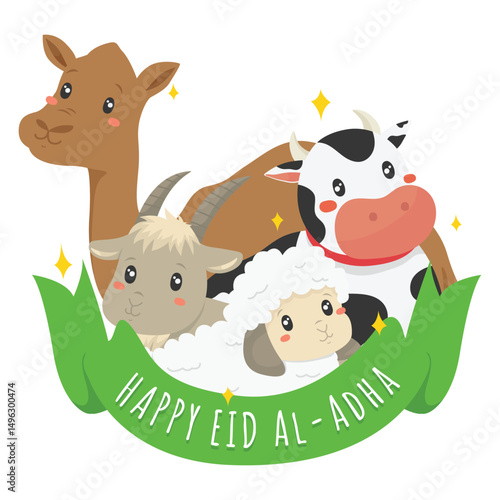 Happy eid al adha mubarak background, qurban farm animal vector illustration