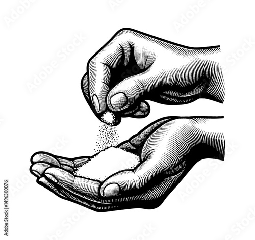 Engraved illustration of a hand pouring granulated material onto another hand