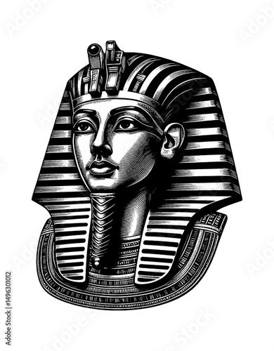 Detailed Engraving of Ancient Egyptian Pharaoh Head Portrait in Black and White