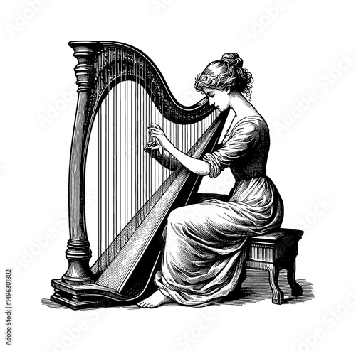 Elegant Woman Playing Harp, Seated, in Detailed Engraving Style Black and White Drawing
