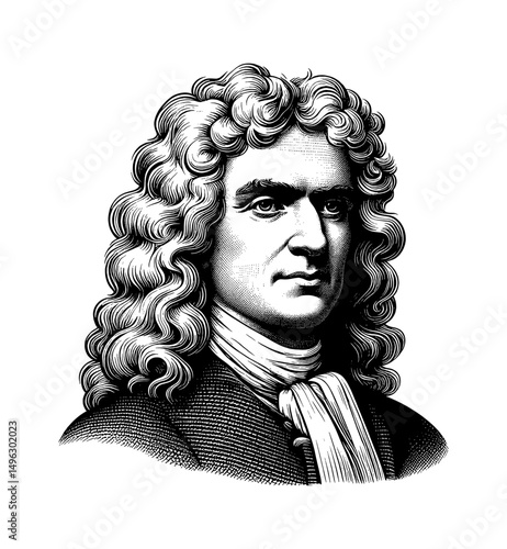 Engraved Portrait of Isaac Newton with Curly Hair and Serious Expression in Black and White