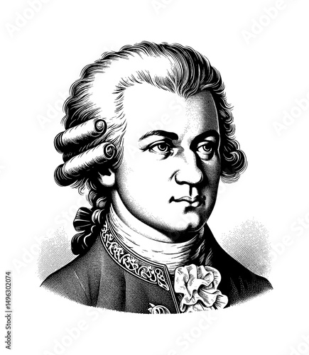 Engraved Portrait of Wolfgang Amadeus Mozart with Serious Expression in Black and White