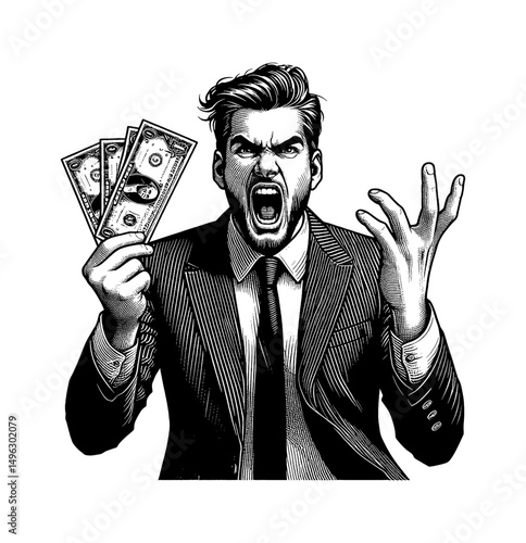 Angry Businessman Screaming with Money in Hand, Wearing Suit in Engraved Detailed Line Art