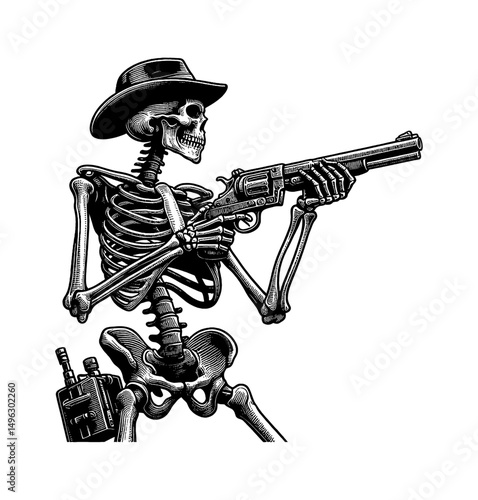Skeleton Cowboy Aiming Revolver with Serious Expression Detailed Black and White Line Art